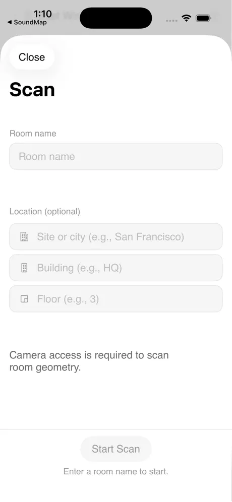 RoomScore scan intake screen with room name and location fields