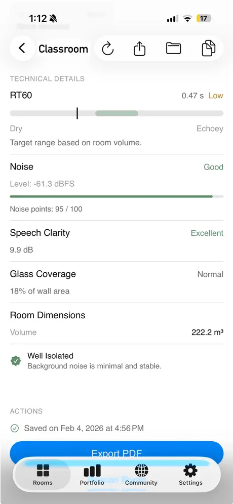 RoomScore technical detail screen showing RT60, noise, speech clarity, glass coverage, and room dimensions