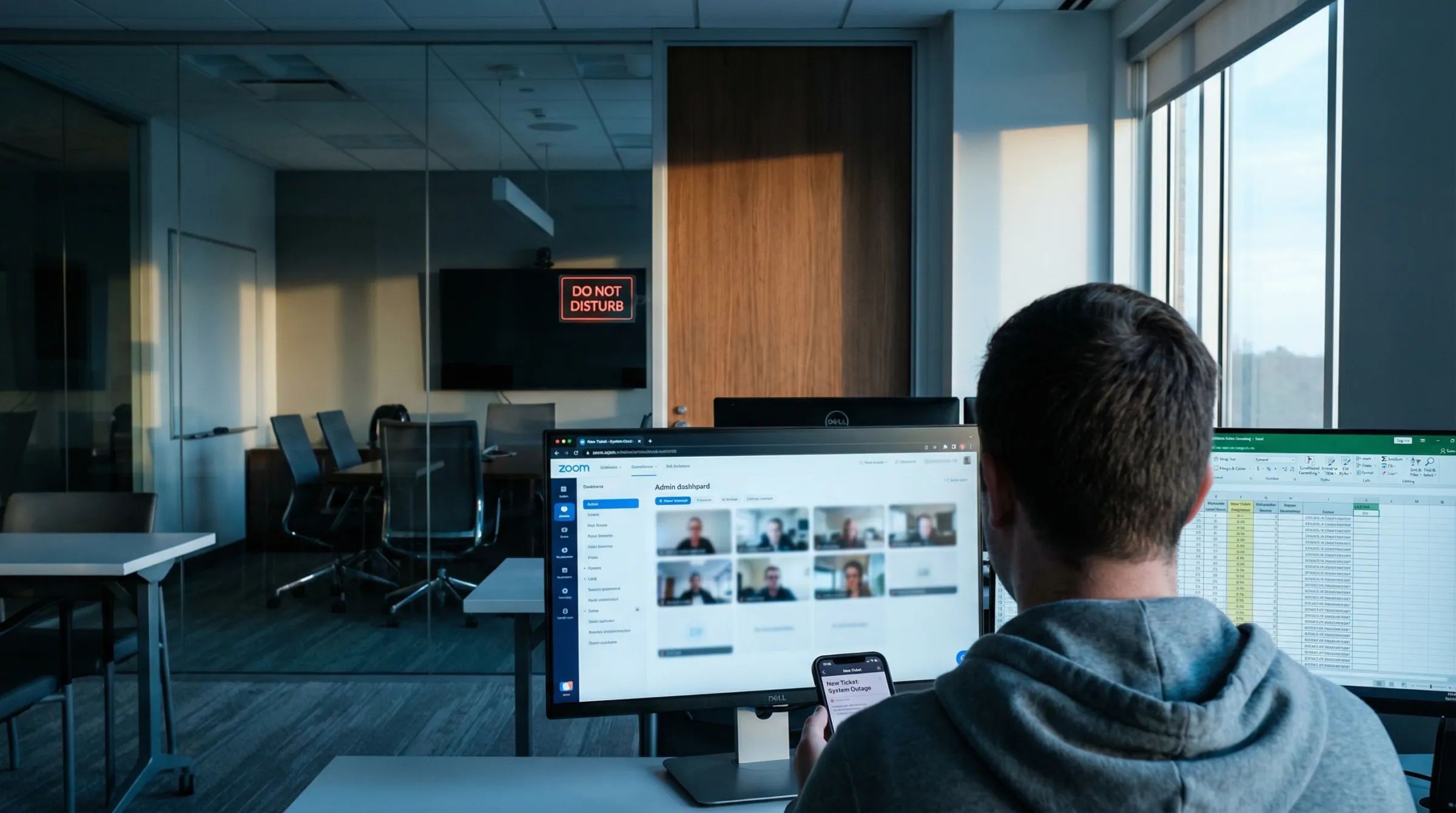 IT professional at a standing desk with room dashboards on screen